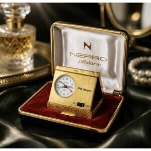 Rare NEPRO PillAlarm Swiss Mini Alarm Clock Gold Travel Original Case Vintage